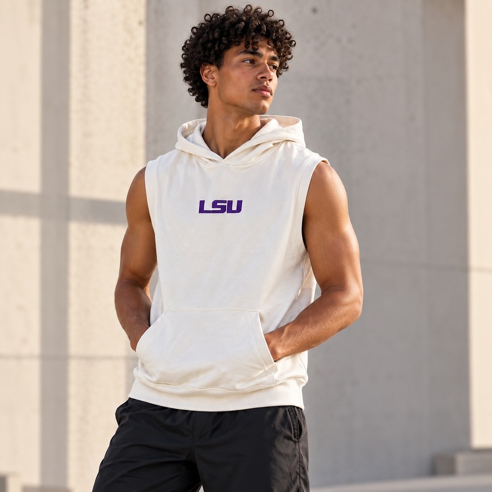 LSU Tigers Sleeveless Hoodie Sweatshirt Mens M Cream Purple College Football